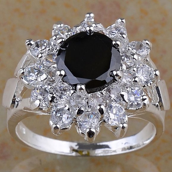 Silver Round Cut Black Onyx White Sapphire Ring - Picture 1 of 1